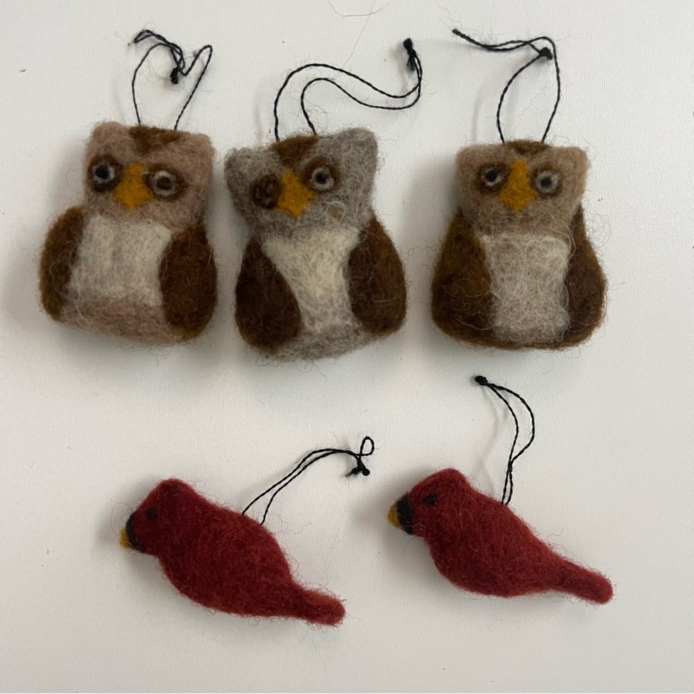 Felted Animals Owls Birds Cardinal Forest Hanging Red Brown Beige Handmade Set 5